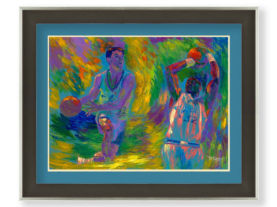 A painting of two Utah Jazz basketball playersâ€“ John Stockton and Karl Maloneâ€“ collaged together against an abstract background of yellow, green, blue, and purple brushstrokes. Printed on paper, matted, and framed.