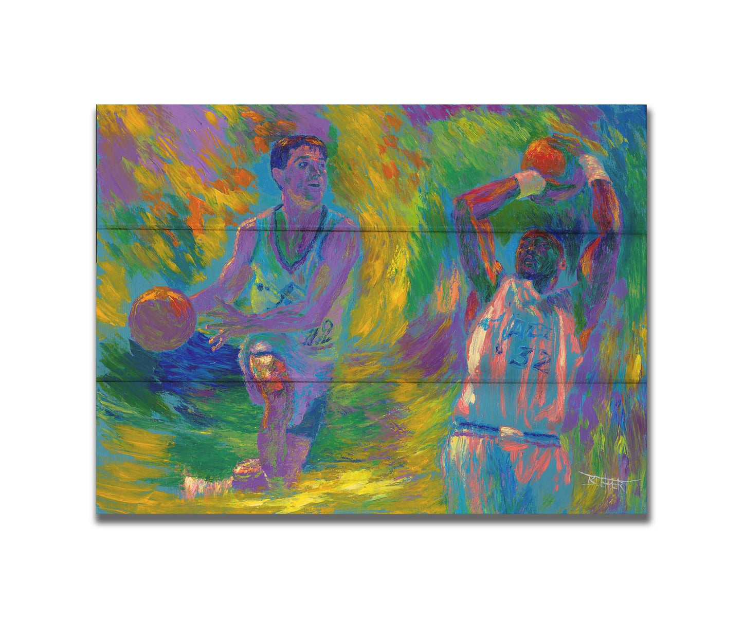 A painting of two Utah Jazz basketball playersâ€“ John Stockton and Karl Maloneâ€“ collaged together against an abstract background of yellow, green, blue, and purple brushstrokes. Printed on a box board.