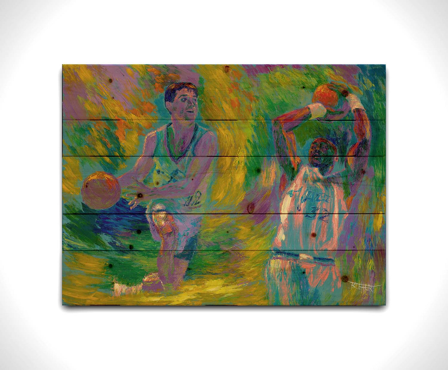 A painting of two Utah Jazz basketball playersâ€“ John Stockton and Karl Maloneâ€“ collaged together against an abstract background of yellow, green, blue, and purple brushstrokes. Printed on a wood pallet.