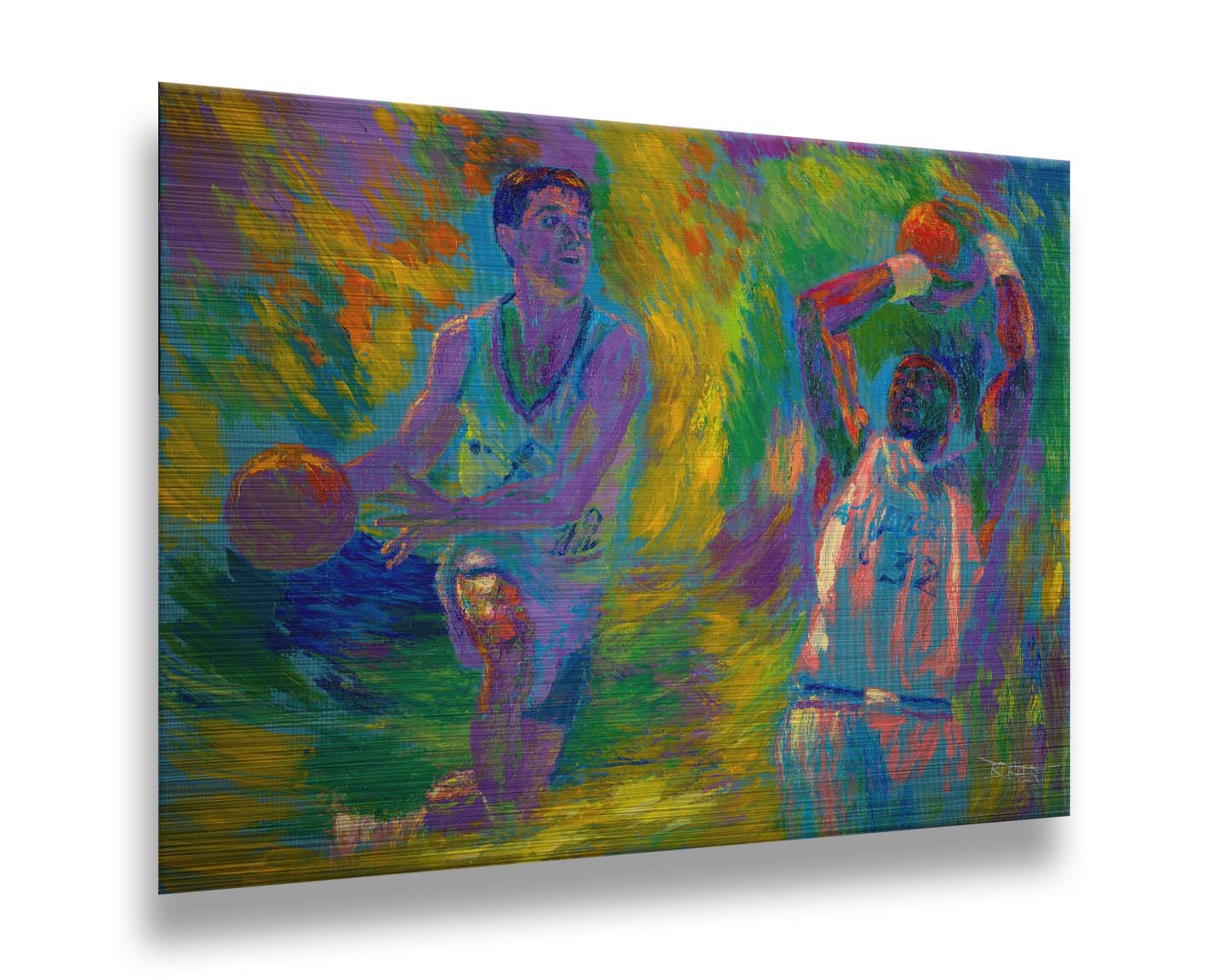 A painting of two Utah Jazz basketball playersâ€“ John Stockton and Karl Maloneâ€“ collaged together against an abstract background of yellow, green, blue, and purple brushstrokes. Printed on metal.