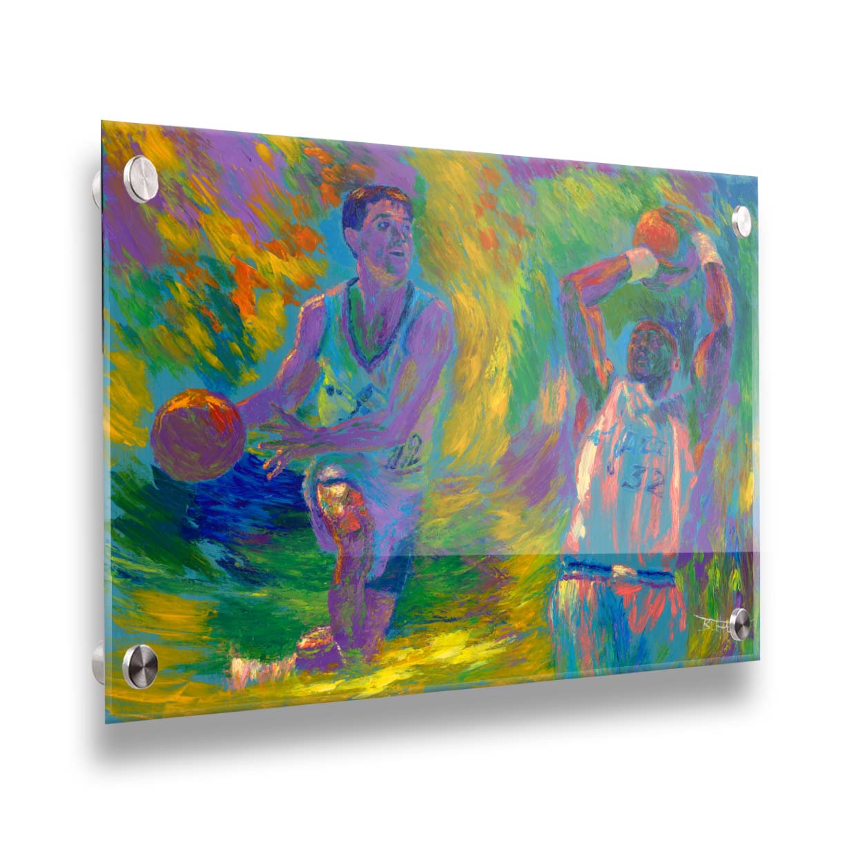 A painting of two Utah Jazz basketball playersâ€“ John Stockton and Karl Maloneâ€“ collaged together against an abstract background of yellow, green, blue, and purple brushstrokes. Printed on acrylic.