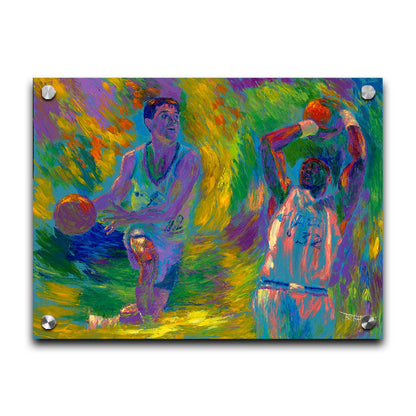 A painting of two Utah Jazz basketball playersâ€“ John Stockton and Karl Maloneâ€“ collaged together against an abstract background of yellow, green, blue, and purple brushstrokes. Printed on acrylic.