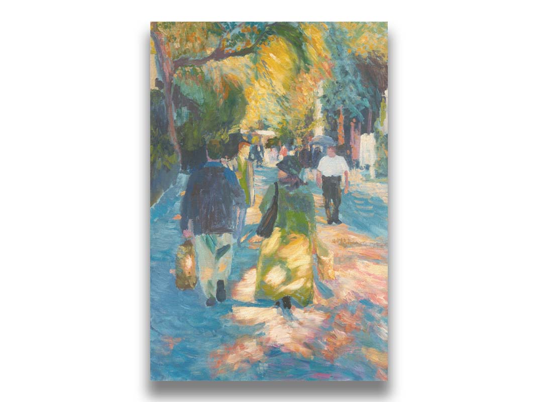 A painting of people strolling down a paved road lined with rows of trees and shrubbery. Printed on canvas.