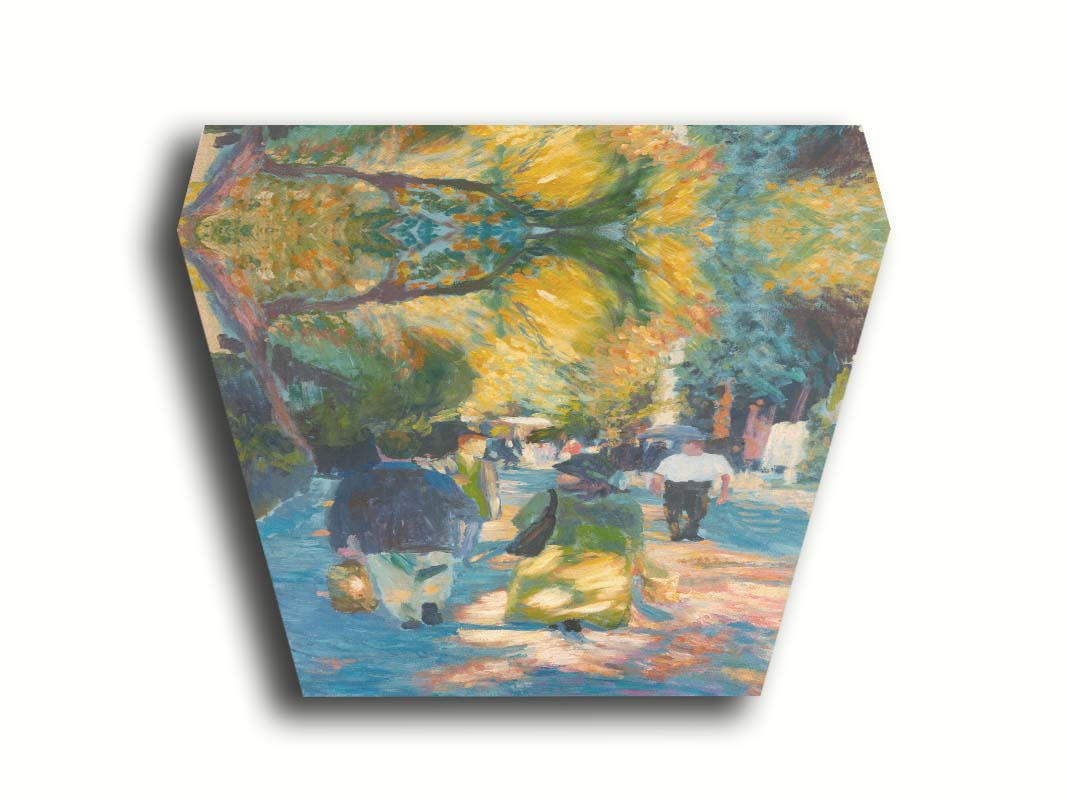 A painting of people strolling down a paved road lined with rows of trees and shrubbery. Printed on canvas.