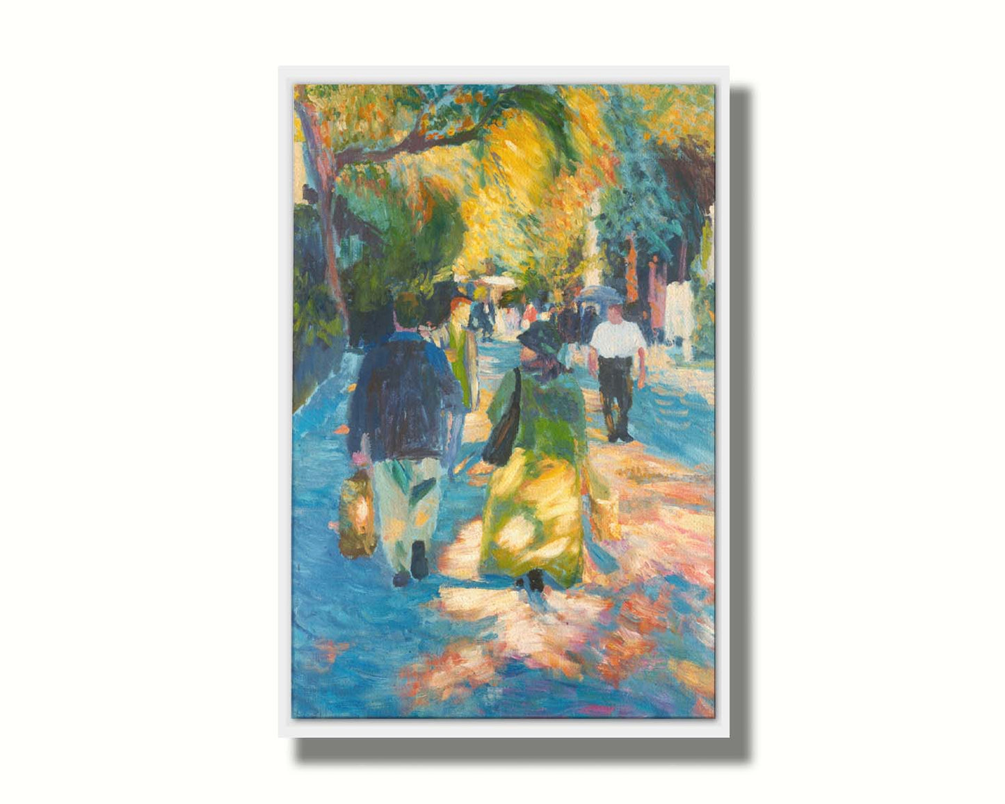 A painting of people strolling down a paved road lined with rows of trees and shrubbery. Printed on canvas in a float frame.