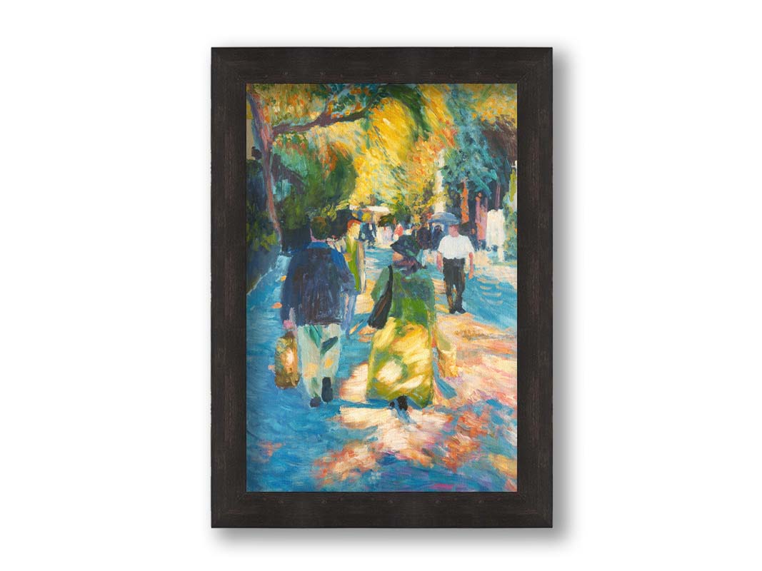 A painting of people strolling down a paved road lined with rows of trees and shrubbery. Printed on canvas and framed.