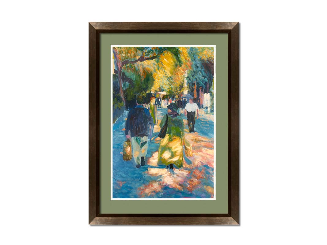 A painting of people strolling down a paved road lined with rows of trees and shrubbery. Printed on paper, matted, and framed.