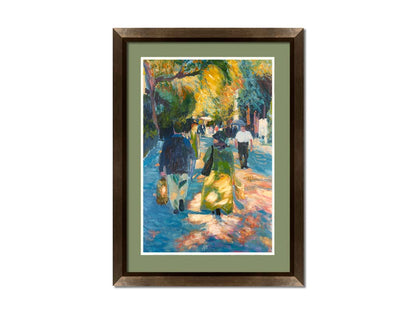 A painting of people strolling down a paved road lined with rows of trees and shrubbery. Printed on paper, matted, and framed.