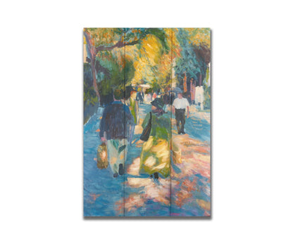 A painting of people strolling down a paved road lined with rows of trees and shrubbery. Printed on a box board.