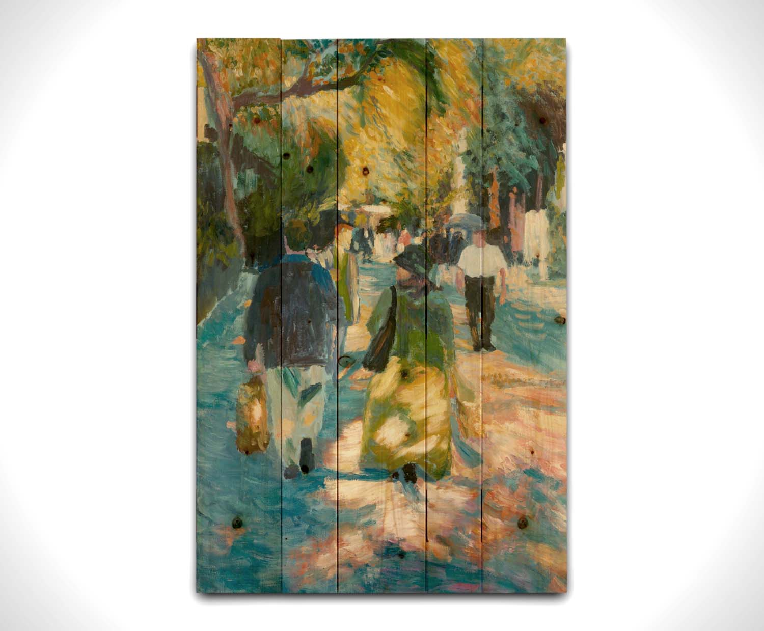 A painting of people strolling down a paved road lined with rows of trees and shrubbery. Printed on a wood pallet.