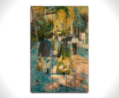 A painting of people strolling down a paved road lined with rows of trees and shrubbery. Printed on a wood pallet.