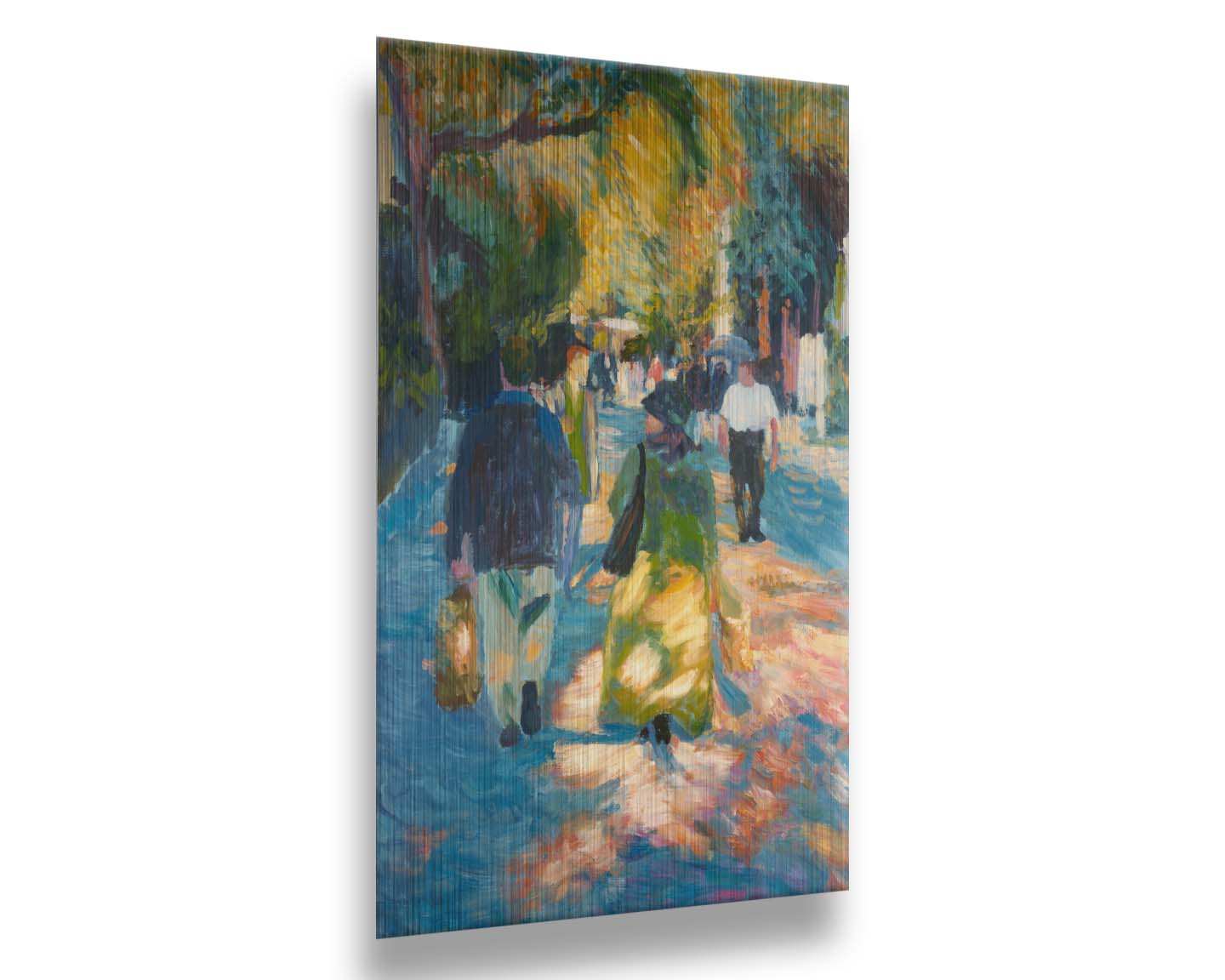 A painting of people strolling down a paved road lined with rows of trees and shrubbery. Printed on metal.