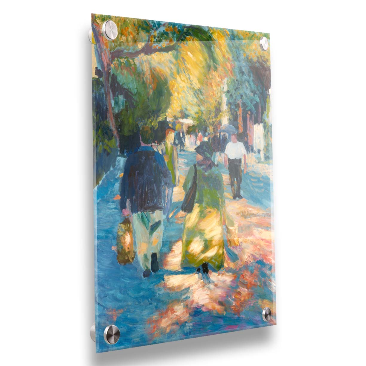 A painting of people strolling down a paved road lined with rows of trees and shrubbery. Printed on acrylic.