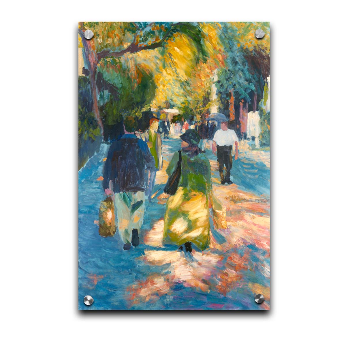 A painting of people strolling down a paved road lined with rows of trees and shrubbery. Printed on acrylic.