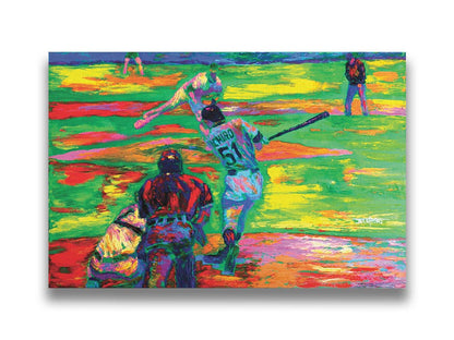 A painting of historic baseball player Ichiro Suzuki of the Seattle Mariners up to bat. A vibrant color palette highlights the energy of the game. Printed on canvas.