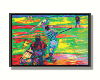 A painting of historic baseball player Ichiro Suzuki of the Seattle Mariners up to bat. A vibrant color palette highlights the energy of the game. Printed on canvas in a float frame.