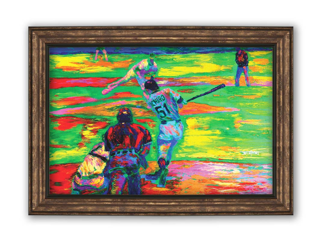 A painting of historic baseball player Ichiro Suzuki of the Seattle Mariners up to bat. A vibrant color palette highlights the energy of the game. Printed on canvas and framed.