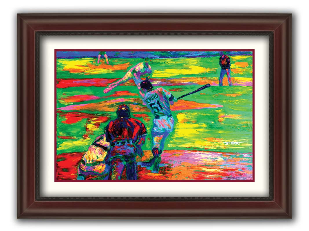 A painting of historic baseball player Ichiro Suzuki of the Seattle Mariners up to bat. A vibrant color palette highlights the energy of the game. Printed on paper, matted, and framed.