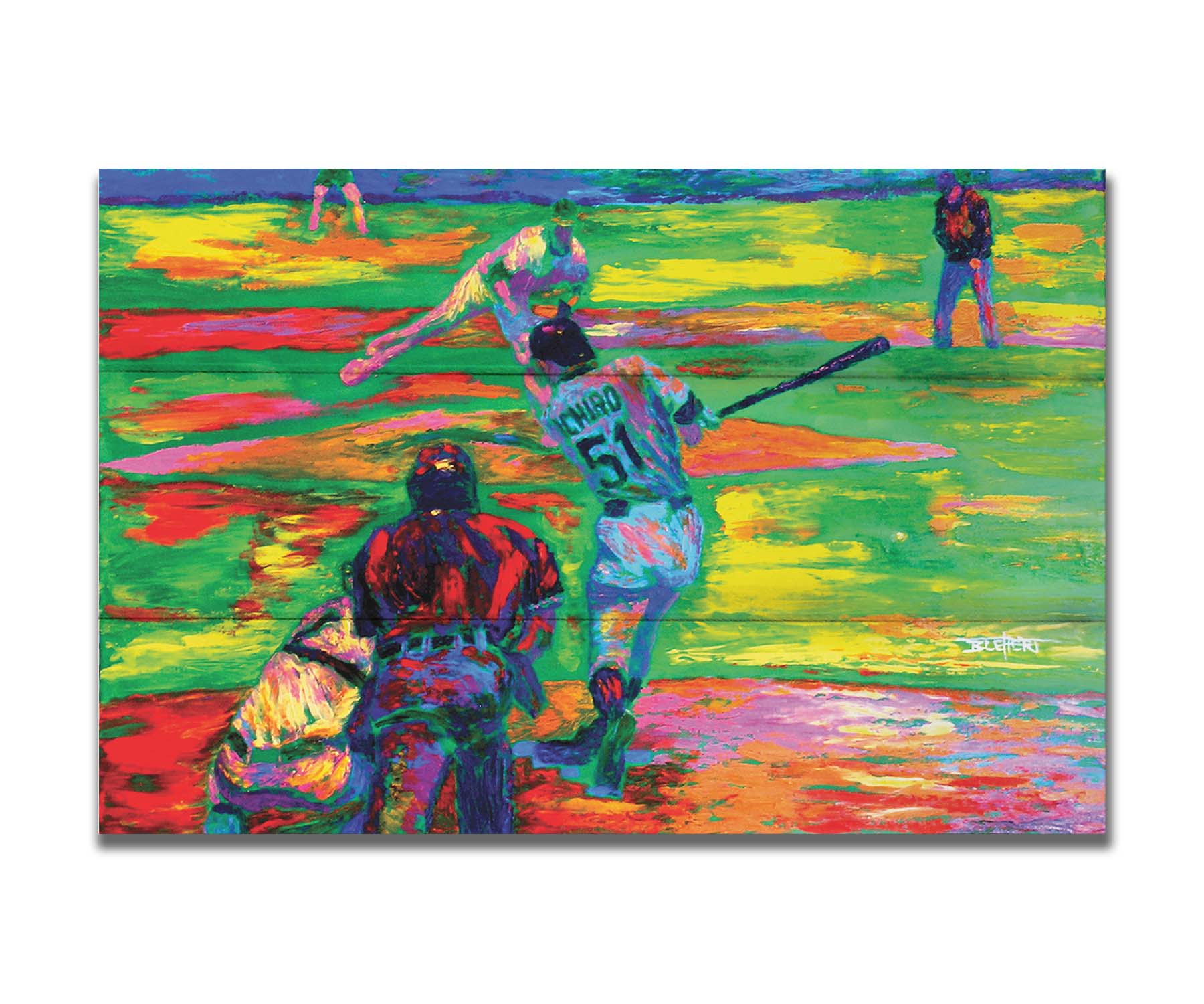 A painting of historic baseball player Ichiro Suzuki of the Seattle Mariners up to bat. A vibrant color palette highlights the energy of the game. Printed on a box board.