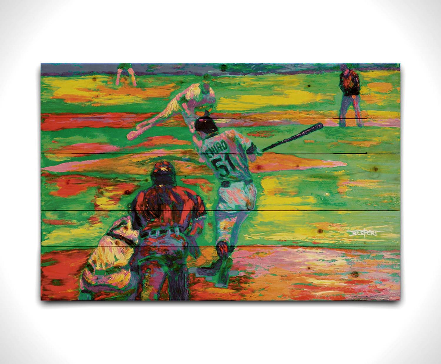 A painting of historic baseball player Ichiro Suzuki of the Seattle Mariners up to bat. A vibrant color palette highlights the energy of the game. Printed on a wood pallet.