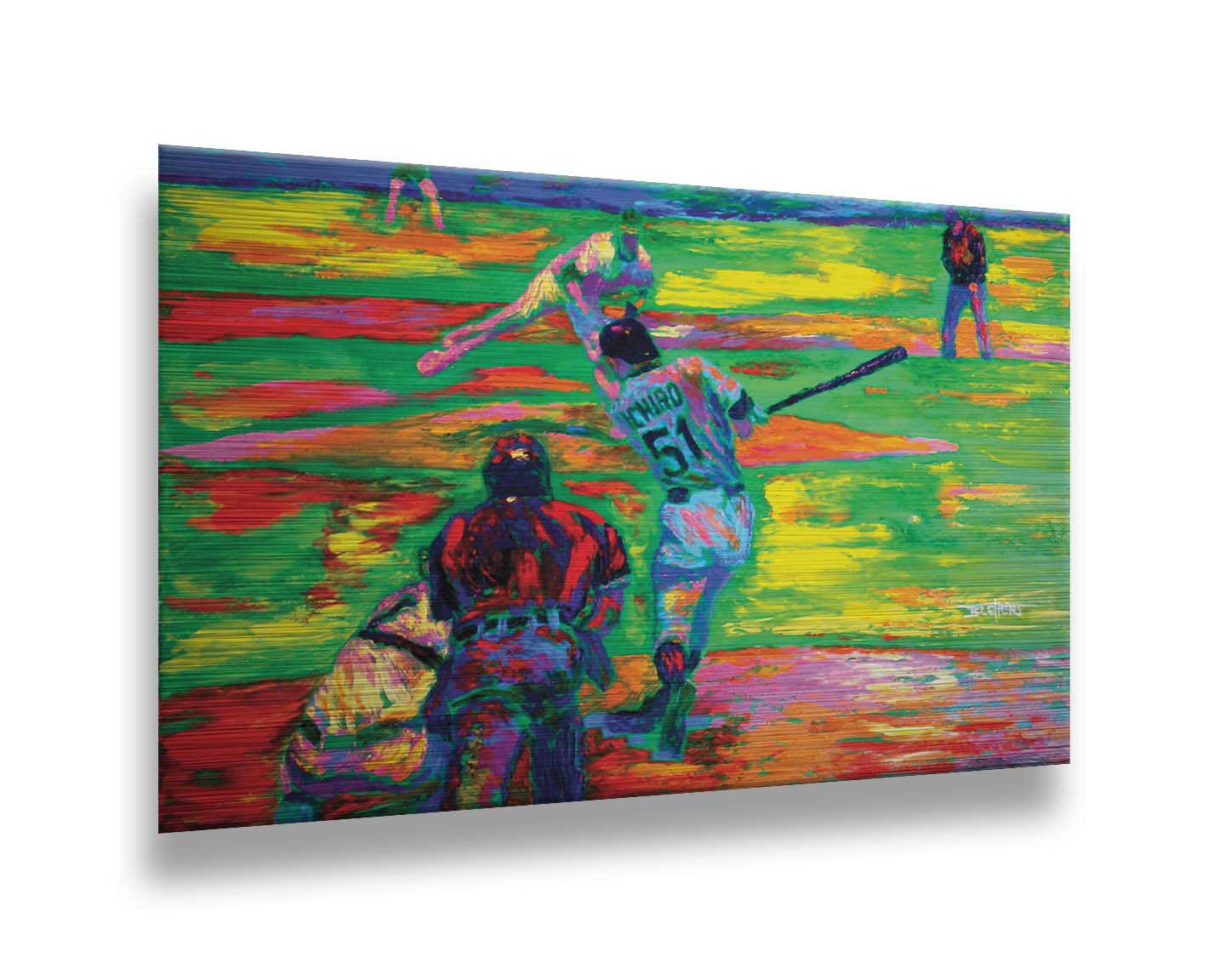 A painting of historic baseball player Ichiro Suzuki of the Seattle Mariners up to bat. A vibrant color palette highlights the energy of the game. Printed on metal.