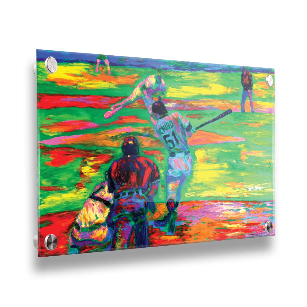 A painting of historic baseball player Ichiro Suzuki of the Seattle Mariners up to bat. A vibrant color palette highlights the energy of the game. Printed on acrylic.