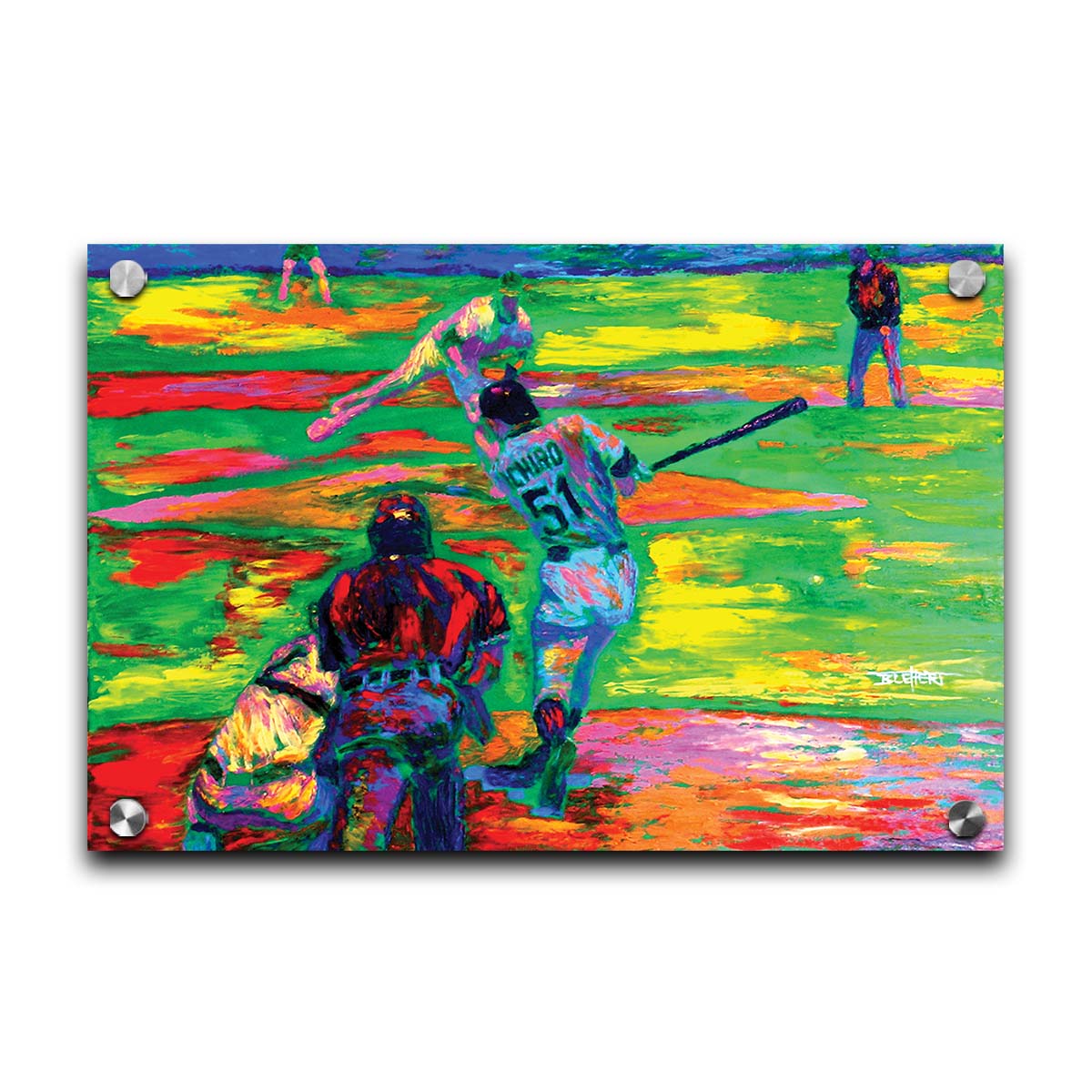 A painting of historic baseball player Ichiro Suzuki of the Seattle Mariners up to bat. A vibrant color palette highlights the energy of the game. Printed on acrylic.