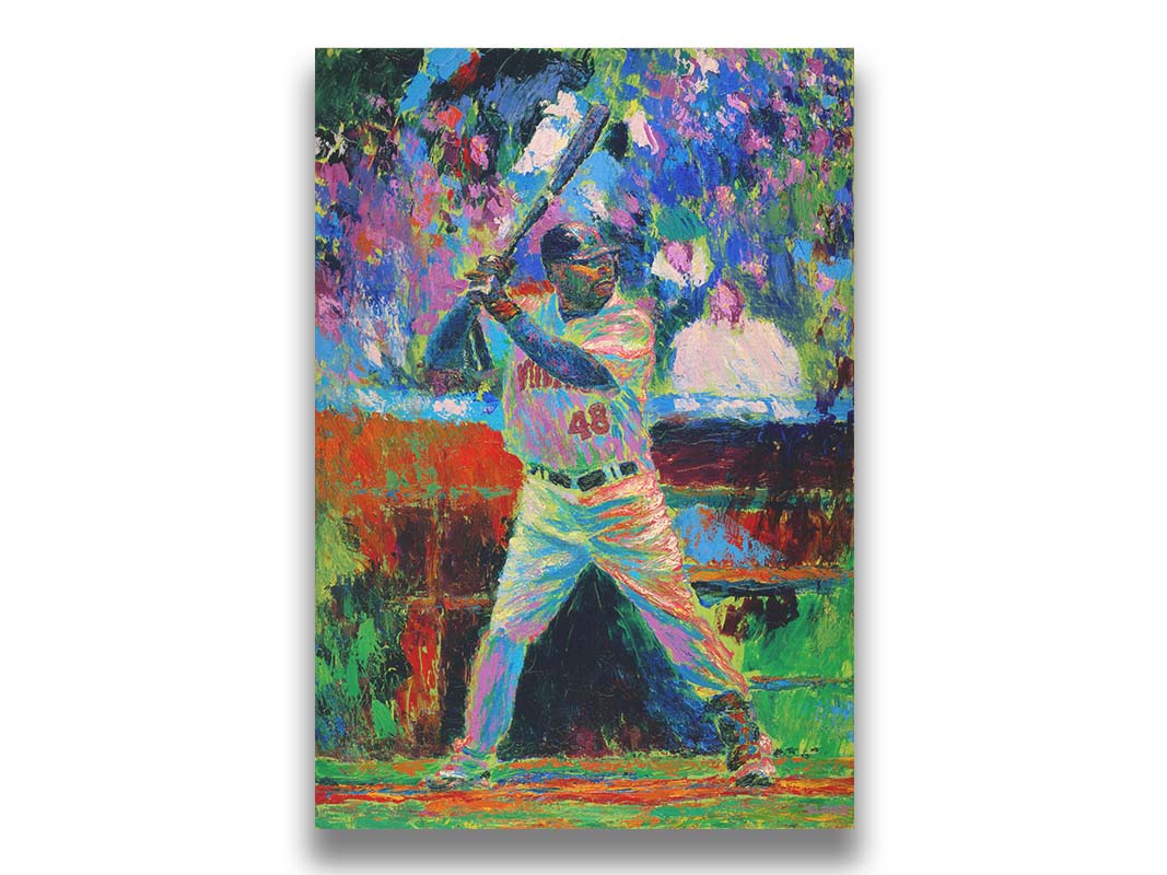 A painting of Minnesota Twins baseball player Torii Thunder, up at bat. The piece utilizes visible brushstrokes and broken, arbitrary color, which add to the energy of the scene. Printed on canvas.