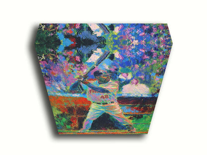 A painting of Minnesota Twins baseball player Torii Thunder, up at bat. The piece utilizes visible brushstrokes and broken, arbitrary color, which add to the energy of the scene. Printed on canvas.