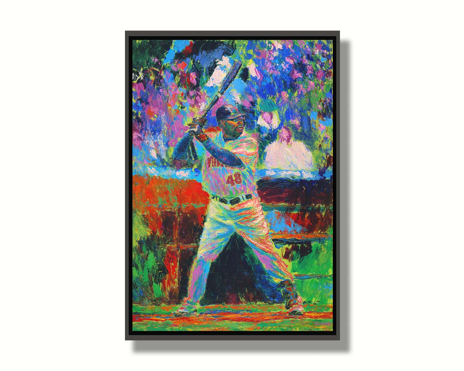 A painting of Minnesota Twins baseball player Torii Thunder, up at bat. The piece utilizes visible brushstrokes and broken, arbitrary color, which add to the energy of the scene. Printed on canvas in a float frame.