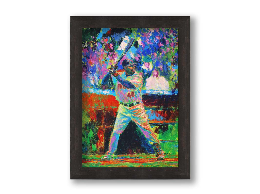 A painting of Minnesota Twins baseball player Torii Thunder, up at bat. The piece utilizes visible brushstrokes and broken, arbitrary color, which add to the energy of the scene. Printed on canvas and framed.