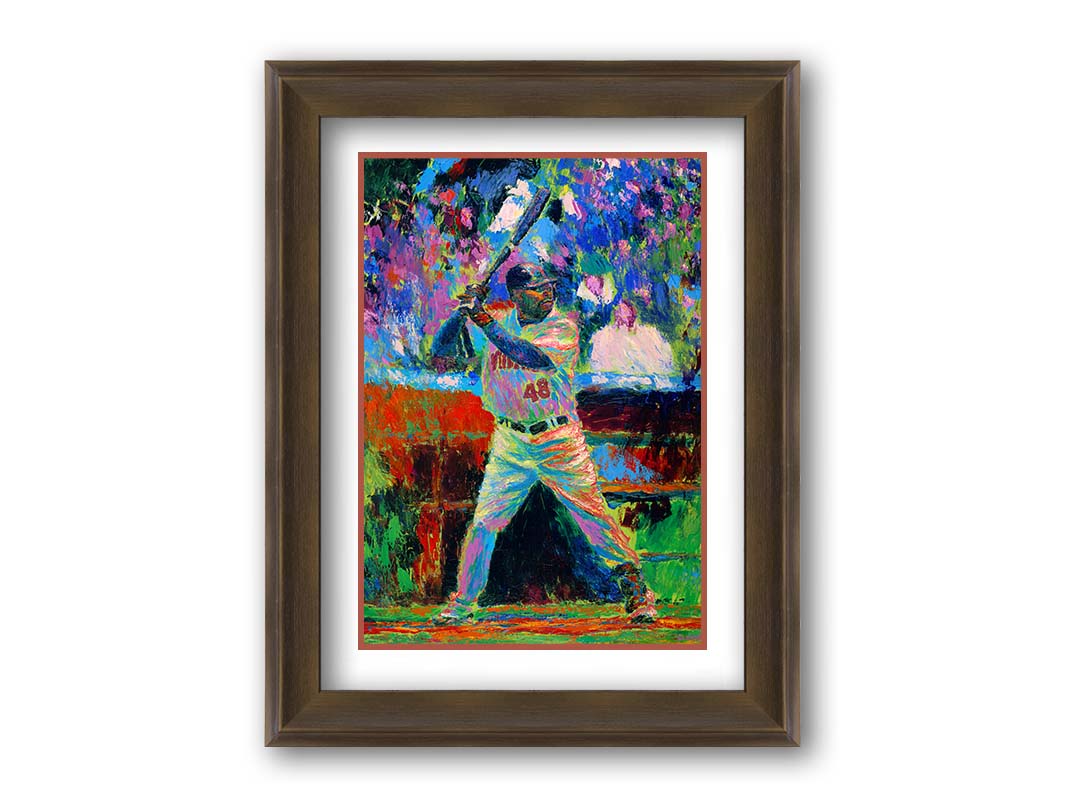 A painting of Minnesota Twins baseball player Torii Thunder, up at bat. The piece utilizes visible brushstrokes and broken, arbitrary color, which add to the energy of the scene. Printed on paper, matted, and framed.