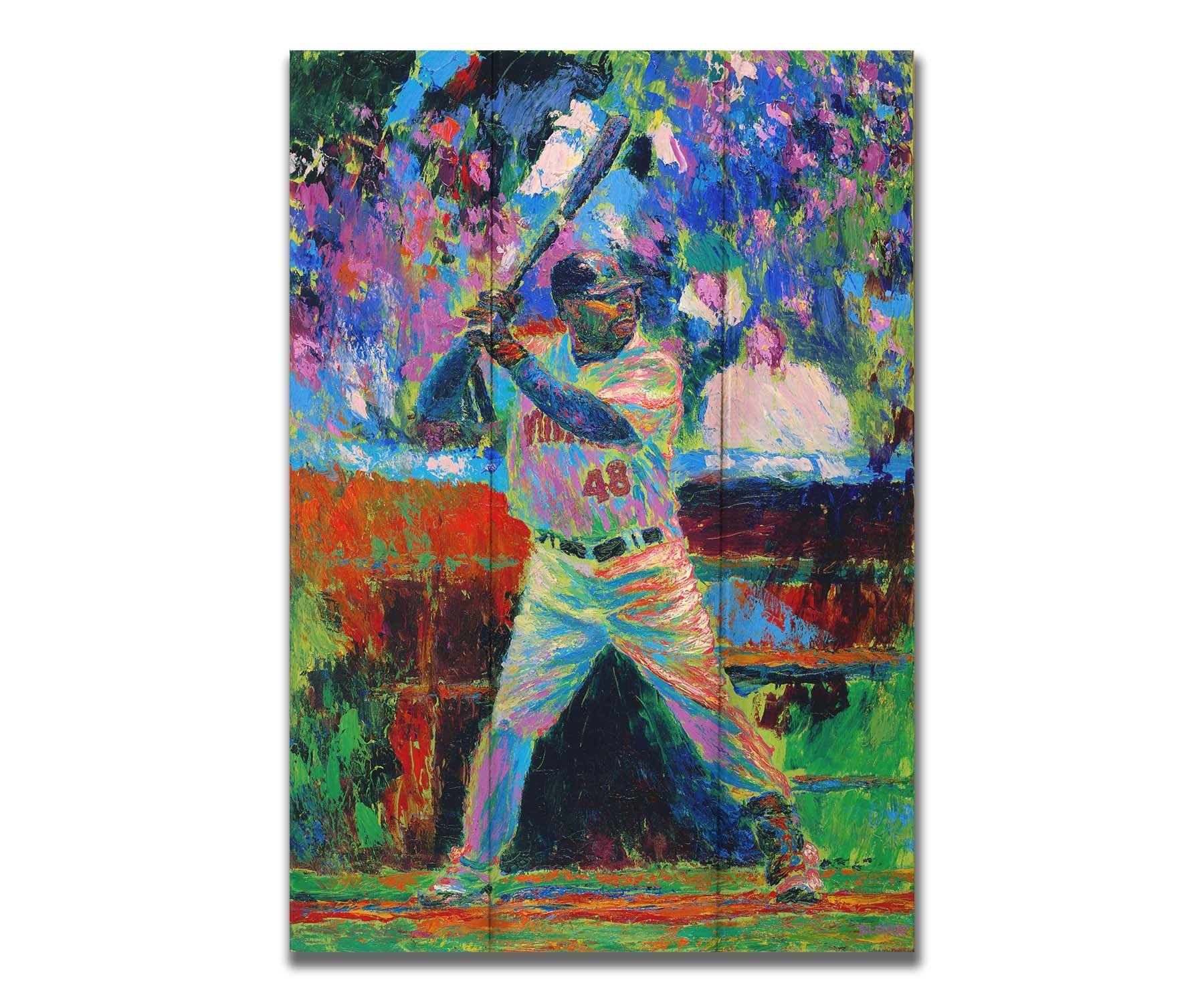 A painting of Minnesota Twins baseball player Torii Thunder, up at bat. The piece utilizes visible brushstrokes and broken, arbitrary color, which add to the energy of the scene. Printed on a box board.