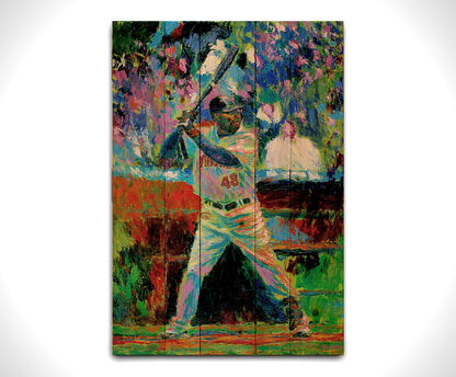 A painting of Minnesota Twins baseball player Torii Thunder, up at bat. The piece utilizes visible brushstrokes and broken, arbitrary color, which add to the energy of the scene. Printed on a wood pallet.