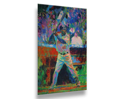 A painting of Minnesota Twins baseball player Torii Thunder, up at bat. The piece utilizes visible brushstrokes and broken, arbitrary color, which add to the energy of the scene. Printed on metal.