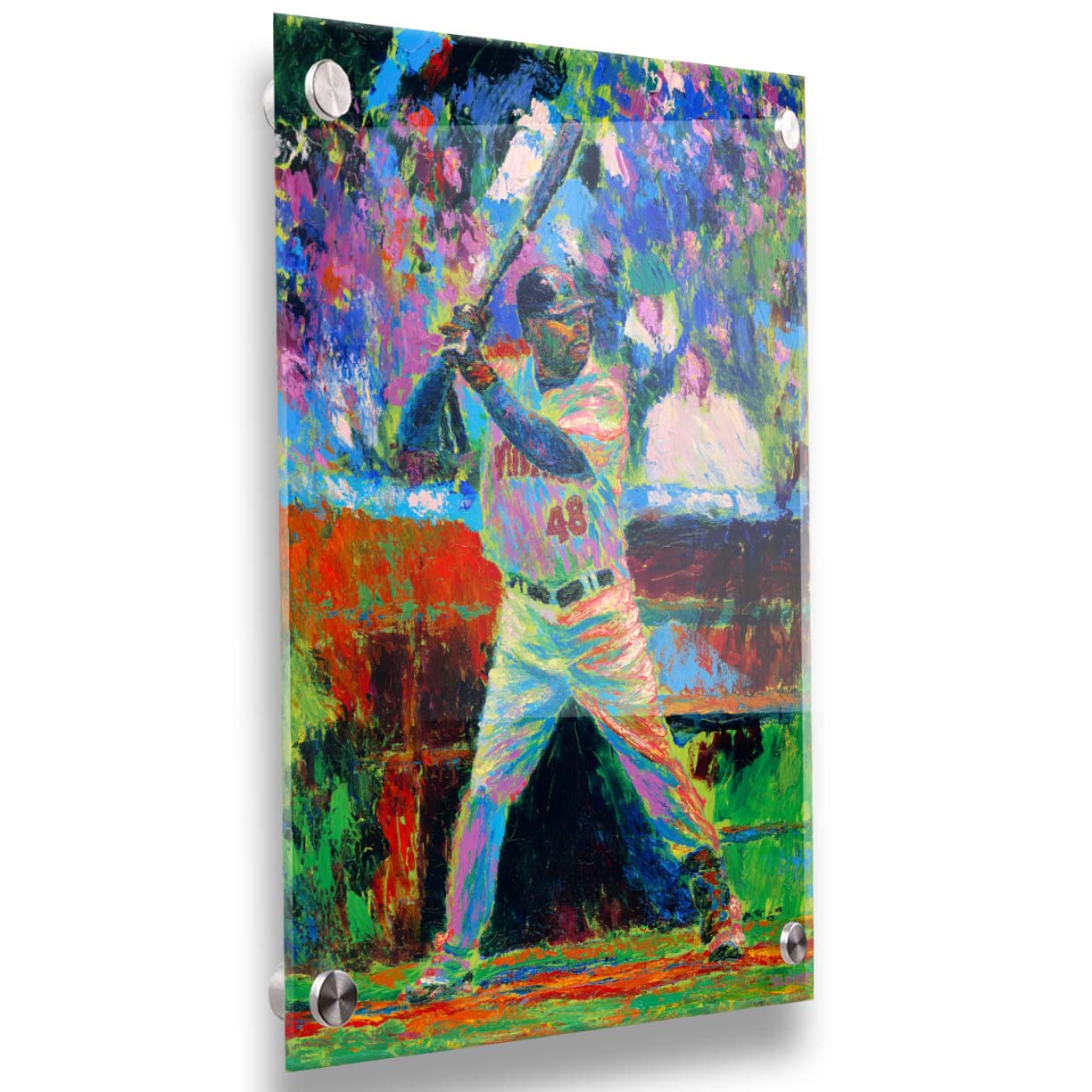 A painting of Minnesota Twins baseball player Torii Thunder, up at bat. The piece utilizes visible brushstrokes and broken, arbitrary color, which add to the energy of the scene. Printed on acrylic.