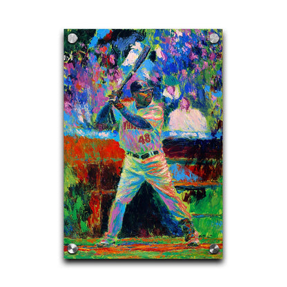 A painting of Minnesota Twins baseball player Torii Thunder, up at bat. The piece utilizes visible brushstrokes and broken, arbitrary color, which add to the energy of the scene. Printed on acrylic.