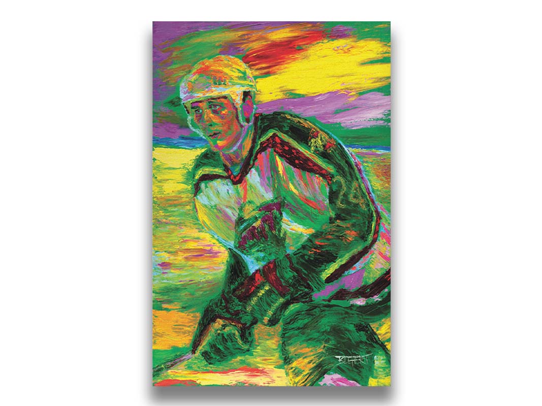 A painting of Minnesota WIld hockey player Derek Boogaard on the ice in uniform. Printed on canvas.