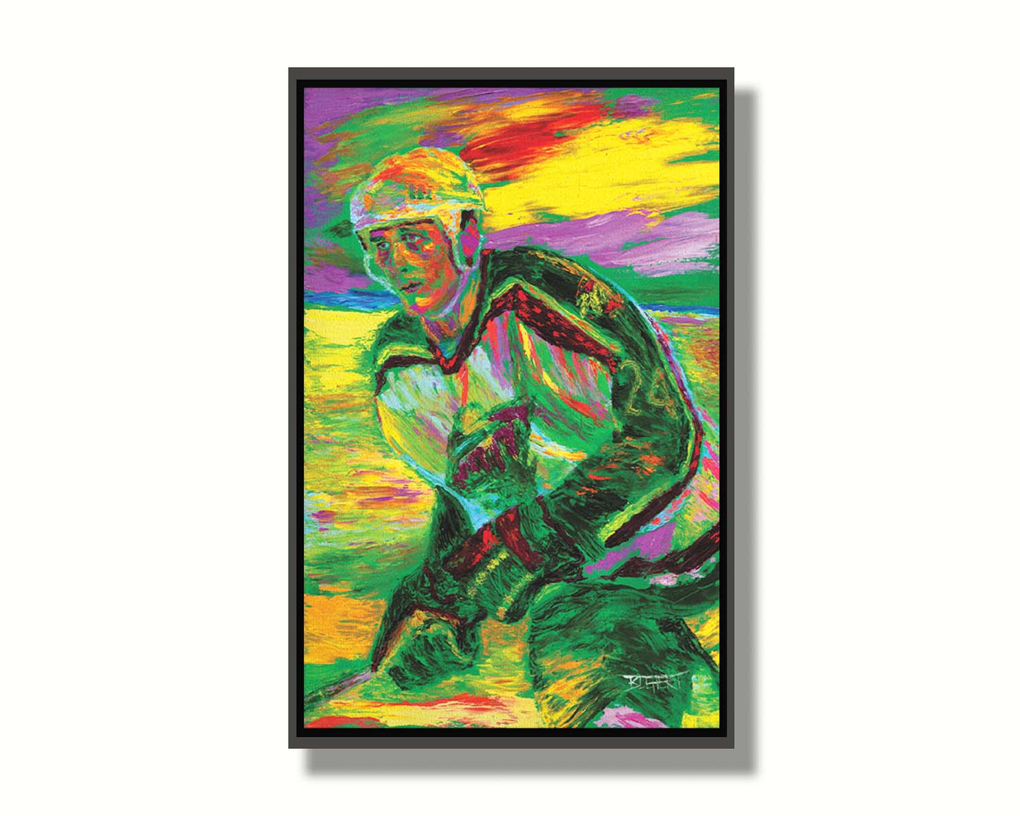 A painting of Minnesota WIld hockey player Derek Boogaard on the ice in uniform. Printed on canvas in a float frame.