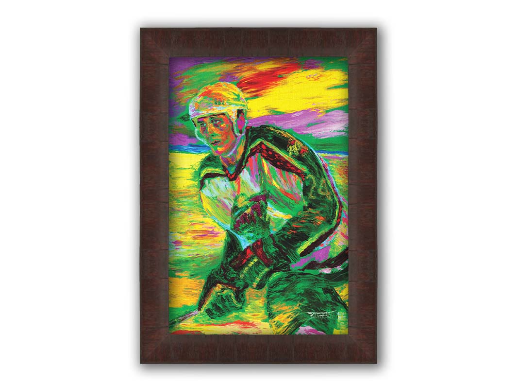 A painting of Minnesota WIld hockey player Derek Boogaard on the ice in uniform. Printed on canvas and framed.