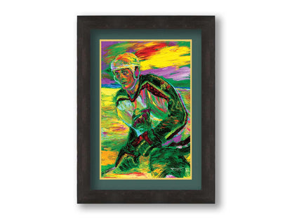 A painting of Minnesota WIld hockey player Derek Boogaard on the ice in uniform. Printed on paper, matted, and framed.