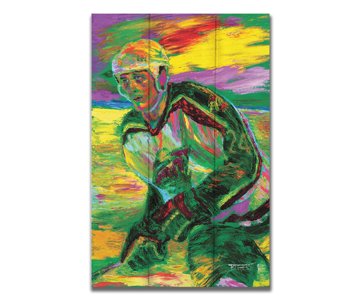 A painting of Minnesota WIld hockey player Derek Boogaard on the ice in uniform. Printed on a box board.