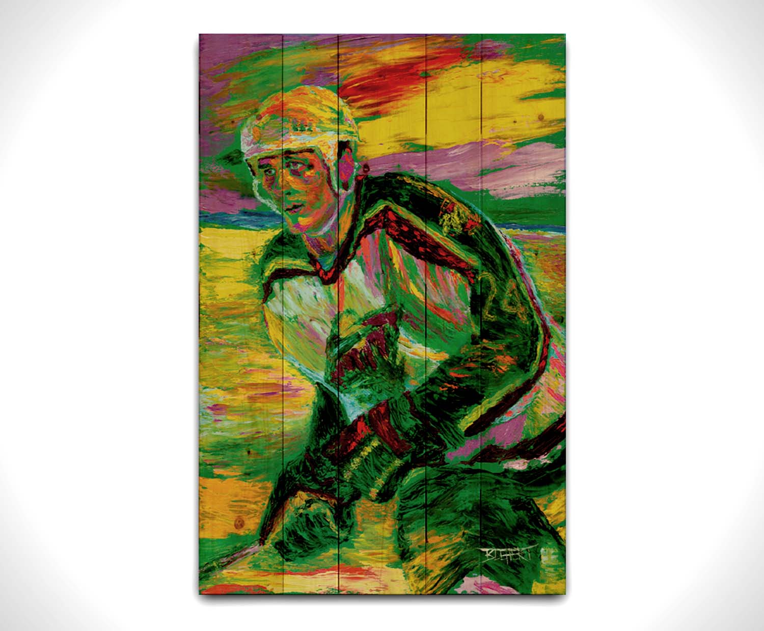 A painting of Minnesota WIld hockey player Derek Boogaard on the ice in uniform. Printed on a wood pallet.