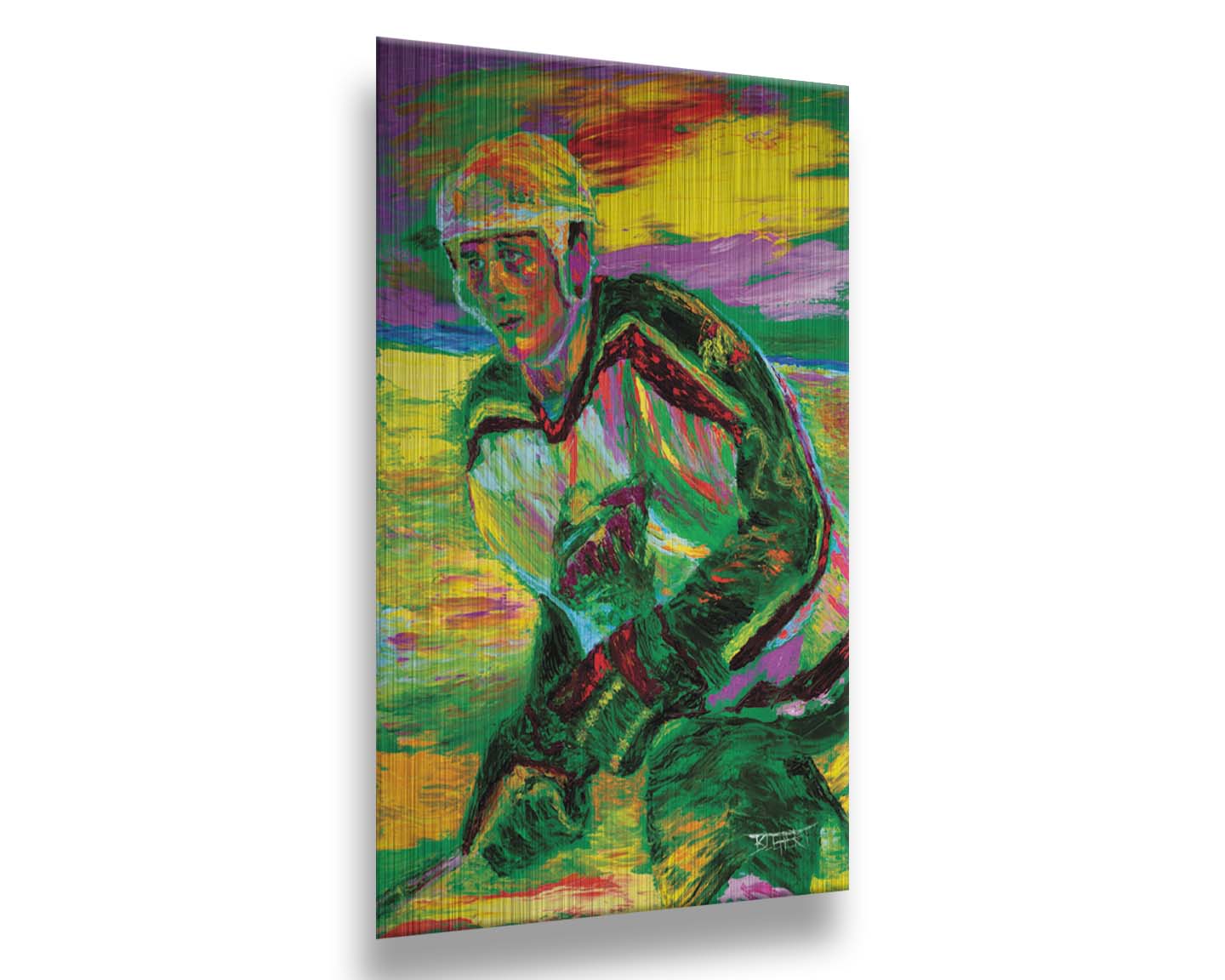 A painting of Minnesota WIld hockey player Derek Boogaard on the ice in uniform. Printed on metal.