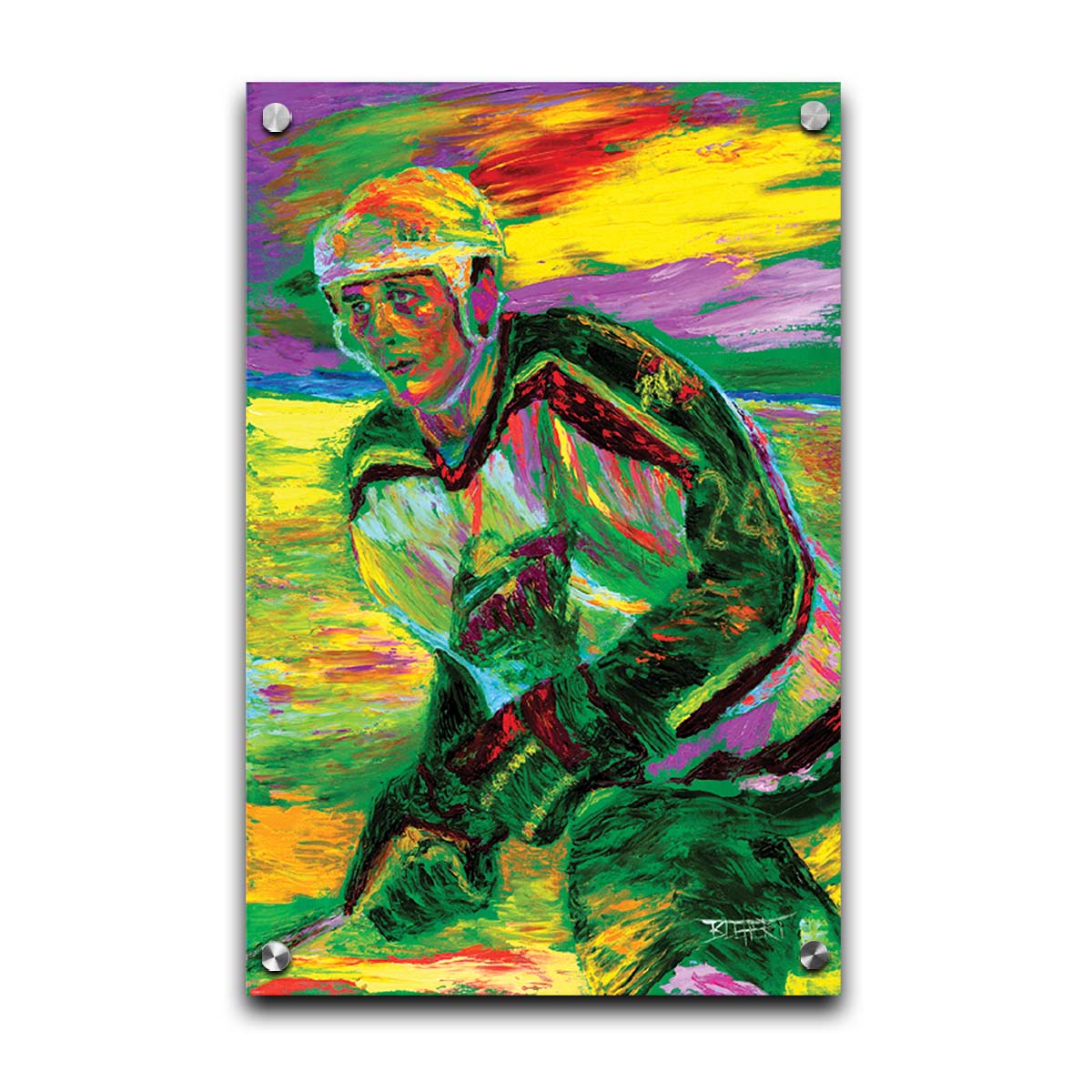 A painting of Minnesota WIld hockey player Derek Boogaard on the ice in uniform. Printed on acrylic.