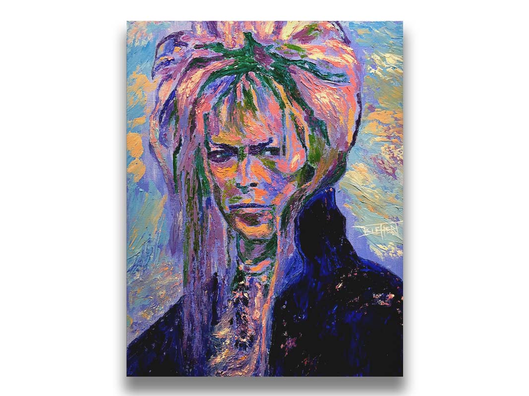 A painting of '70s musician David Bowie, created with visible brushstrokes and thick paint textures with a cool color palette. Printed on canvas.