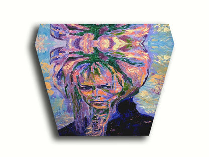 A painting of '70s musician David Bowie, created with visible brushstrokes and thick paint textures with a cool color palette. Printed on canvas.