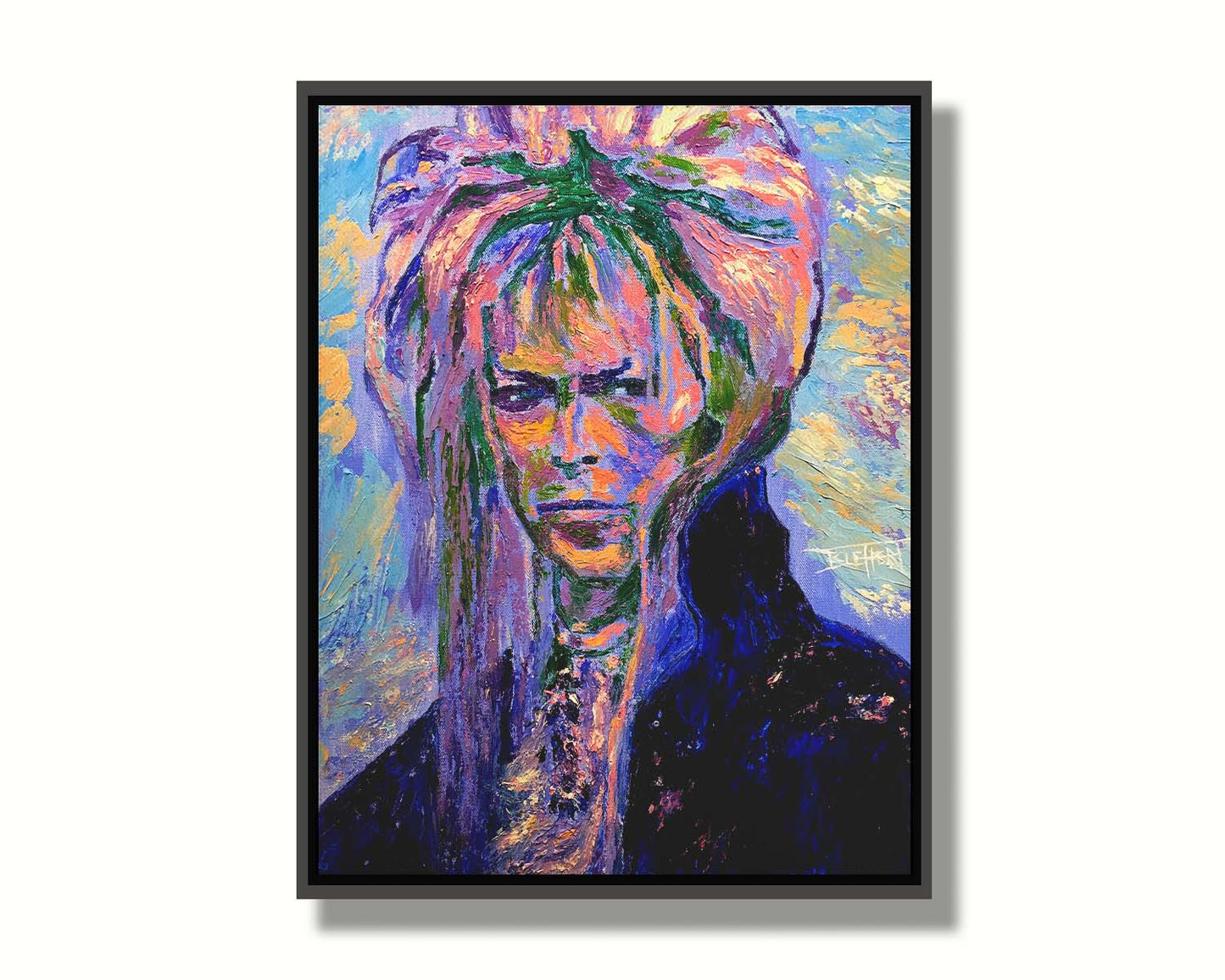 A painting of '70s musician David Bowie, created with visible brushstrokes and thick paint textures with a cool color palette. Printed on canvas in a float frame.