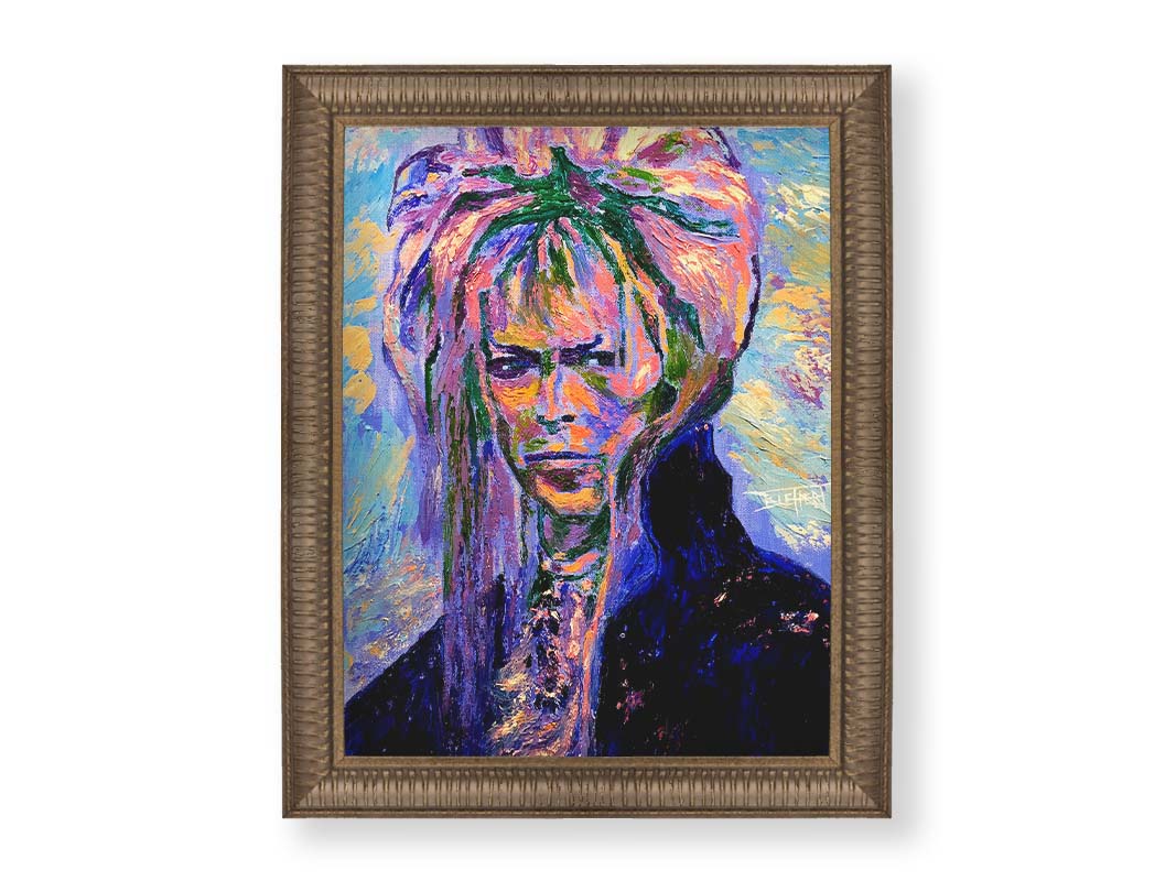 A painting of '70s musician David Bowie, created with visible brushstrokes and thick paint textures with a cool color palette. Printed on canvas and framed.