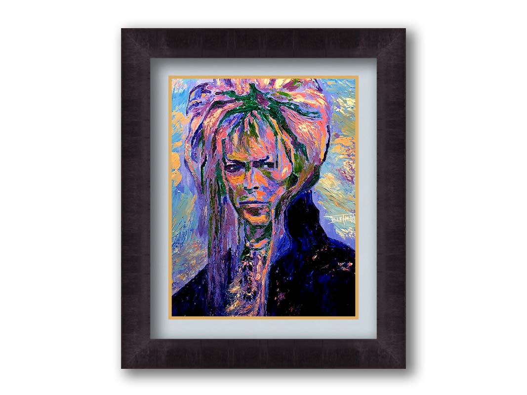 A painting of '70s musician David Bowie, created with visible brushstrokes and thick paint textures with a cool color palette. Printed on paper, matted, and framed.